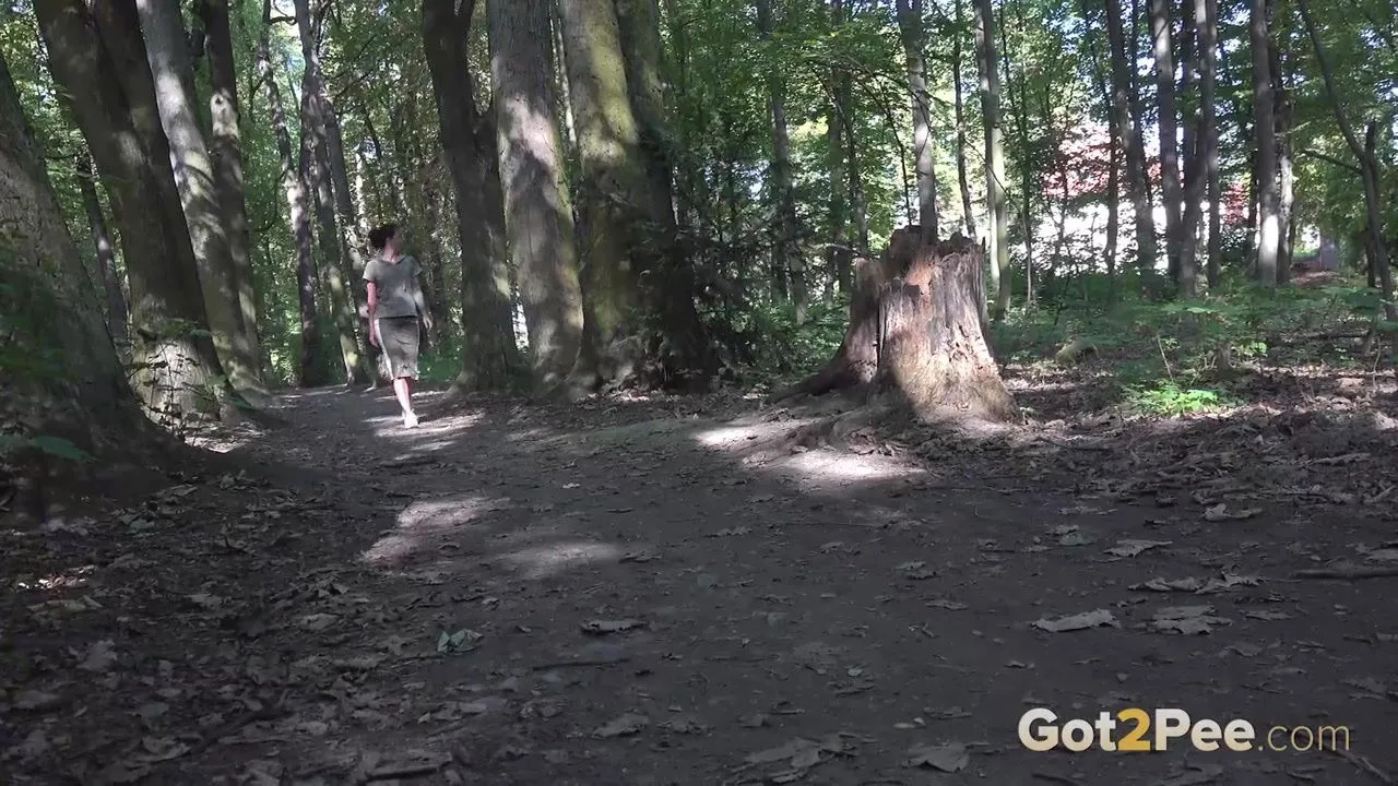 Ali Bordeaux relieves herself in the woodland